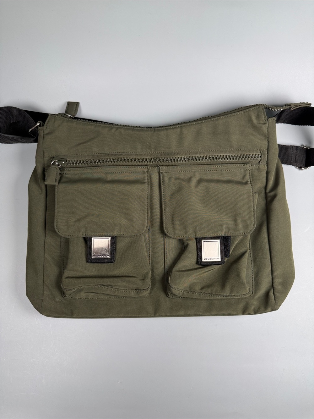 Liz Claiborne Olive Green Messenger Bag with Dual Front Pockets